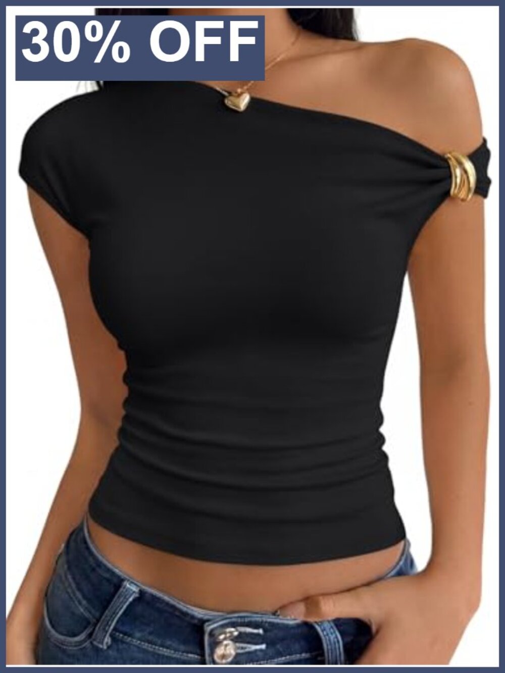 Off Shoulder Ruched Cap Sleeve Crop Top Y2K Gold Buckle Slim Fit